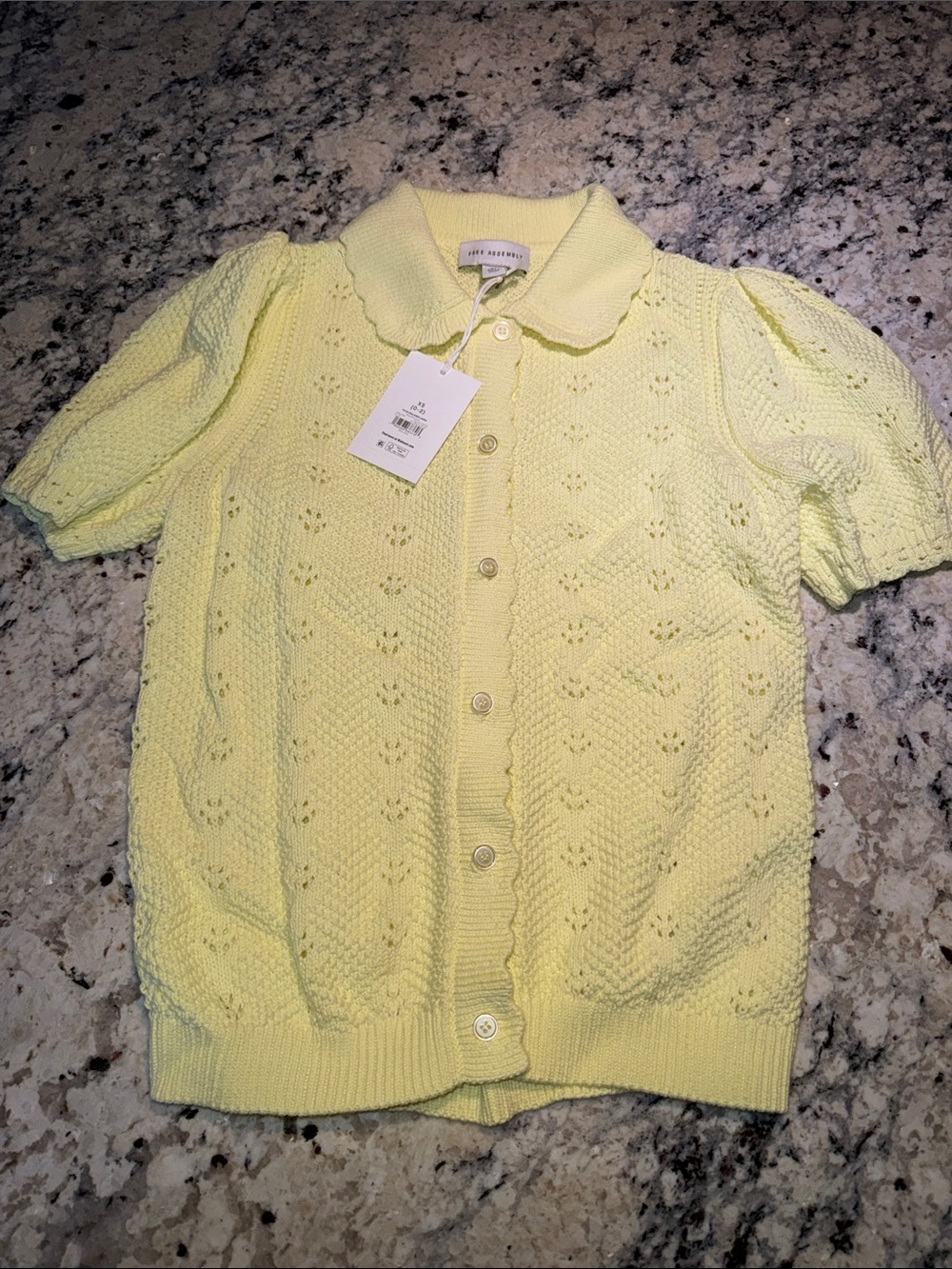 Free Assembly Pale Yellow Knit Puff Sleeve Button-Up Sweater